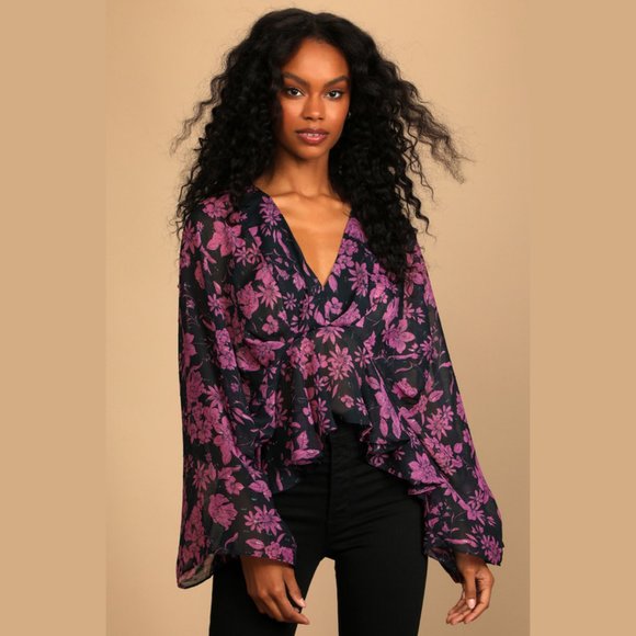 🍋 Lulu’s Midnight Blue Floral Print Long Sleeve Top / Medium 🍋 - Picture 1 of 15